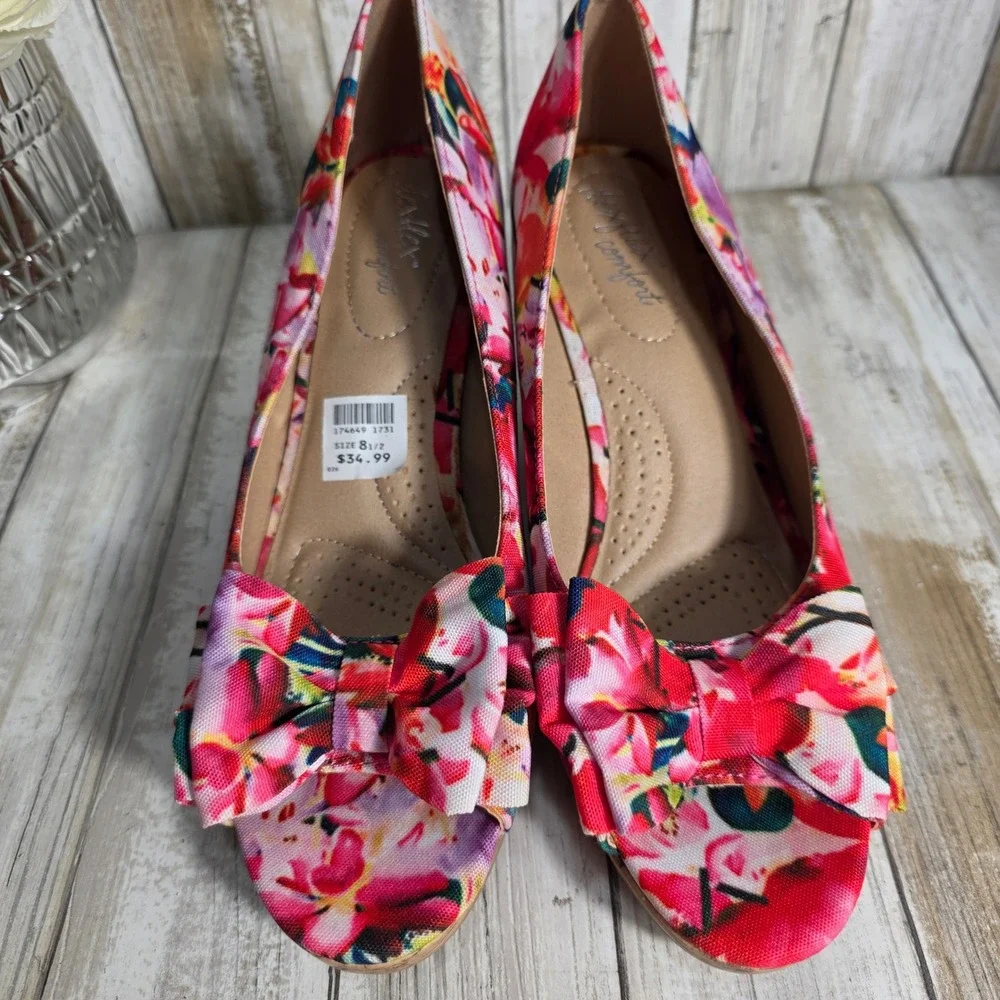 Dexflex Comfort Womens Floral Peep Toe Wedge Shoes Pink Multicolor Bow Size 8.5